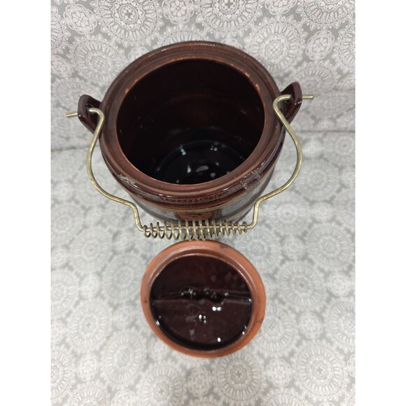 Vintage Brown Ceramic Cookies Jar Barrel with Metal Handle and Lid Marcrest Drip - Picture 4 of 8